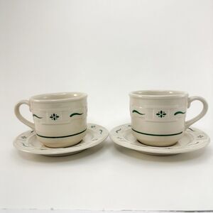 Longaberger Stoneware Classic Green Cup & Saucer Set of 2 USA Made